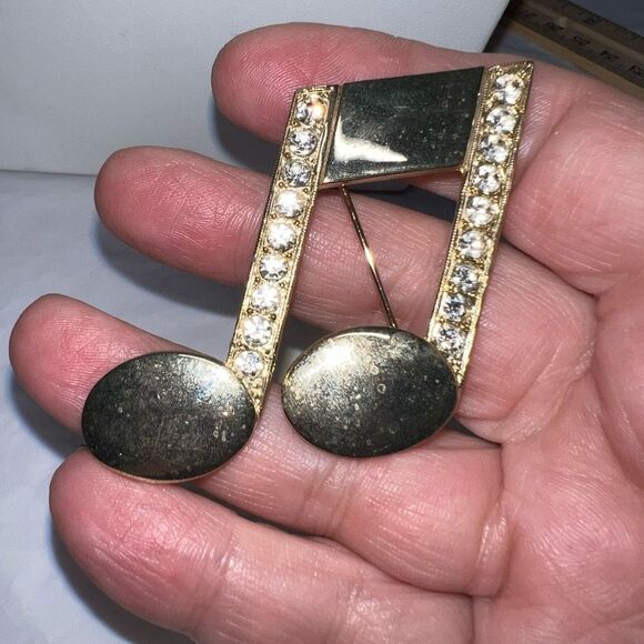 Vintage JJ Jonette Jewels Gold Tone with Rhinestone Music Note Brooch - Picture 2 of 8